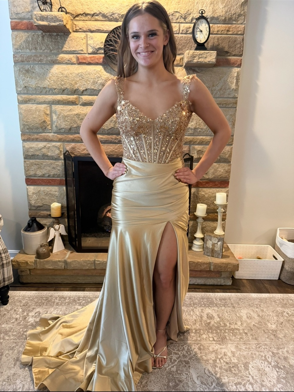 Sherri Hill Gold Beaded Corset Prom Gown with High Slit